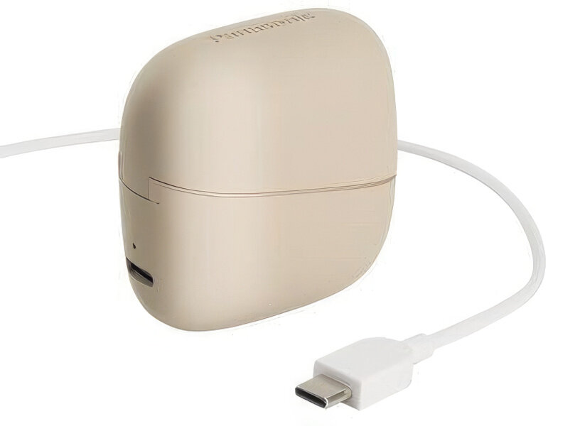 Beżowe, zaokrąglone urządzenie z białym kablem i złączem USB-C. Na urządzeniu napis 'sannomate'.