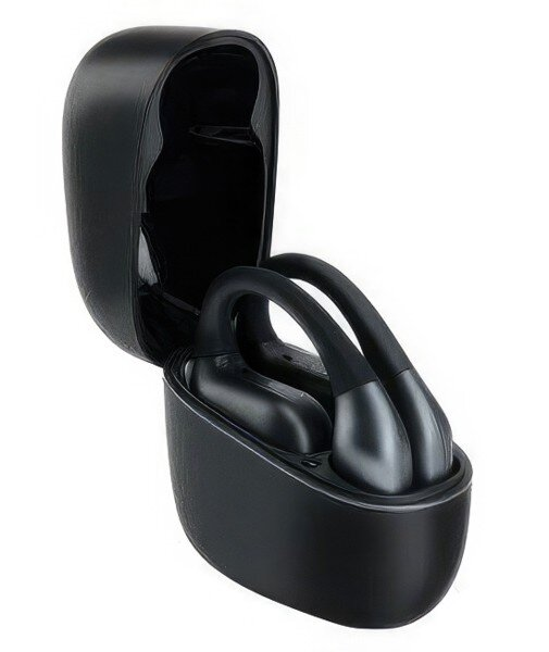 Czarne bezprzewodowe słuchawki douszne wewnątrz etui ładującego. Etui jest otwarte. Słuchawki są ciemnoszare i czarne.