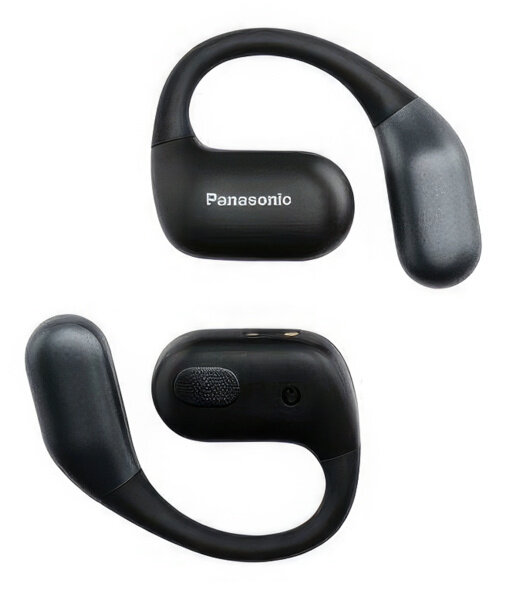Dwa czarne bezprzewodowe słuchawki Panasonic. Jeden wyświetla nazwę marki. Oba mają zaczepy na uszy i końcówki słuchawek na białym tle.