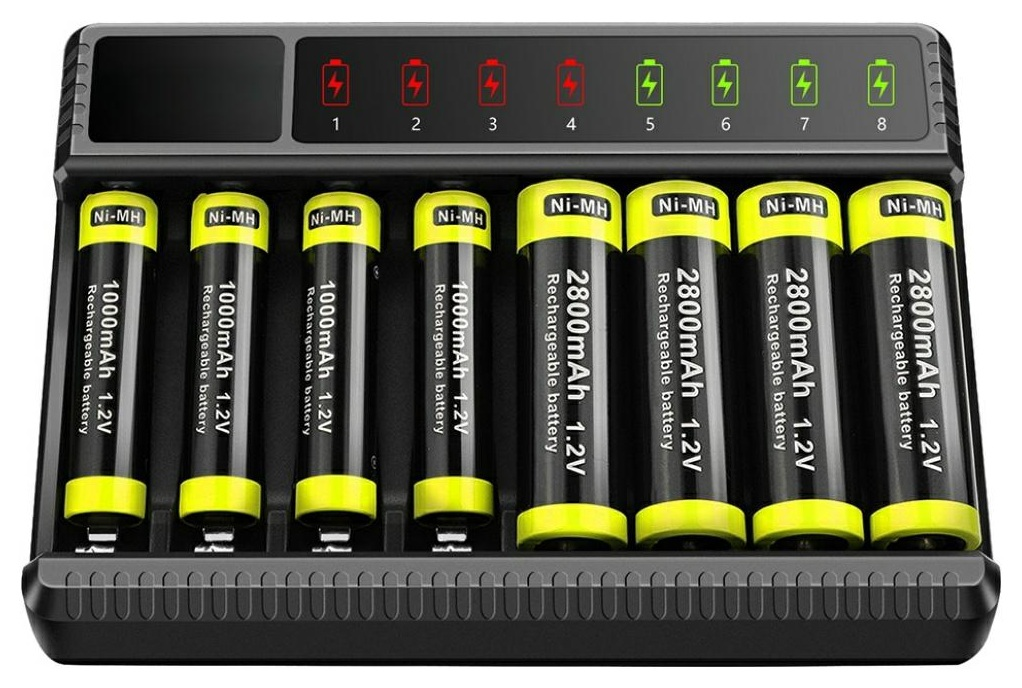 Czarna ładowarka do baterii z ośmioma akumulatorami. Baterie są czarno-żółte o różnych pojemnościach.