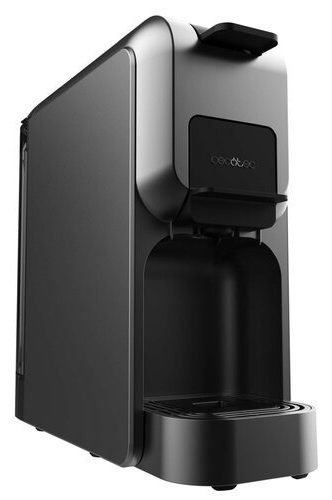 Nowoczesny, czarno-srebrny ekspres do kawy. Ma elegancki design z wylewką, zbiornikiem na wodę i nazwą marki.
