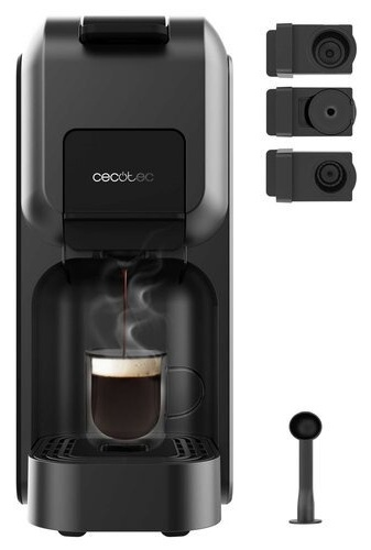 Czarny ekspres do kawy z filiżanką parzonej kawy. Akcesoria po prawej stronie. Nazwa marki jest na maszynie.