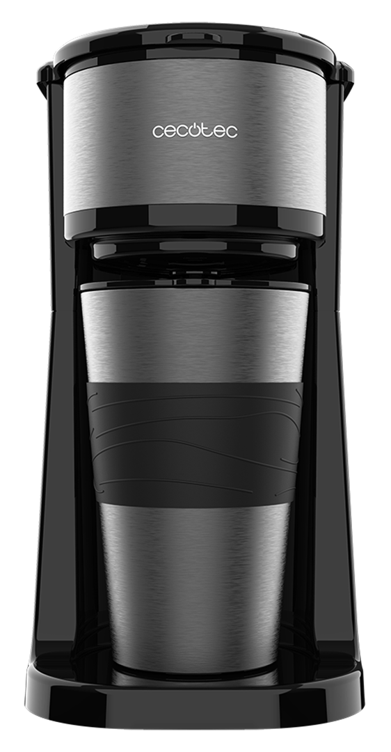 Czarny i metalowy ekspres do kawy z kubkiem w środku. Marka jest widoczna. Kubek ma czarny gumowy uchwyt.