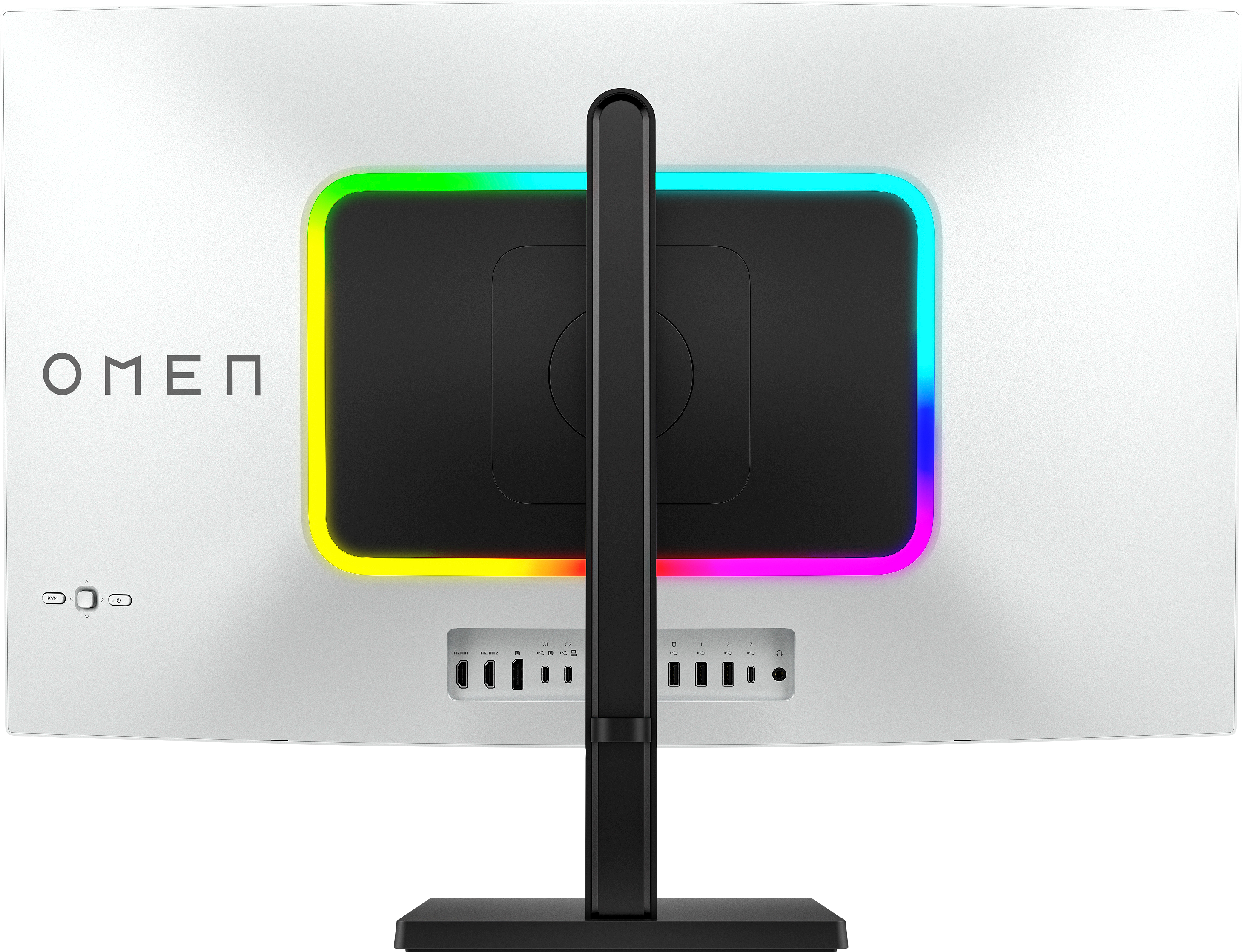 L'arrière d'un moniteur OMEN blanc. Il comporte un support noir, des lumières LED colorées et divers ports.