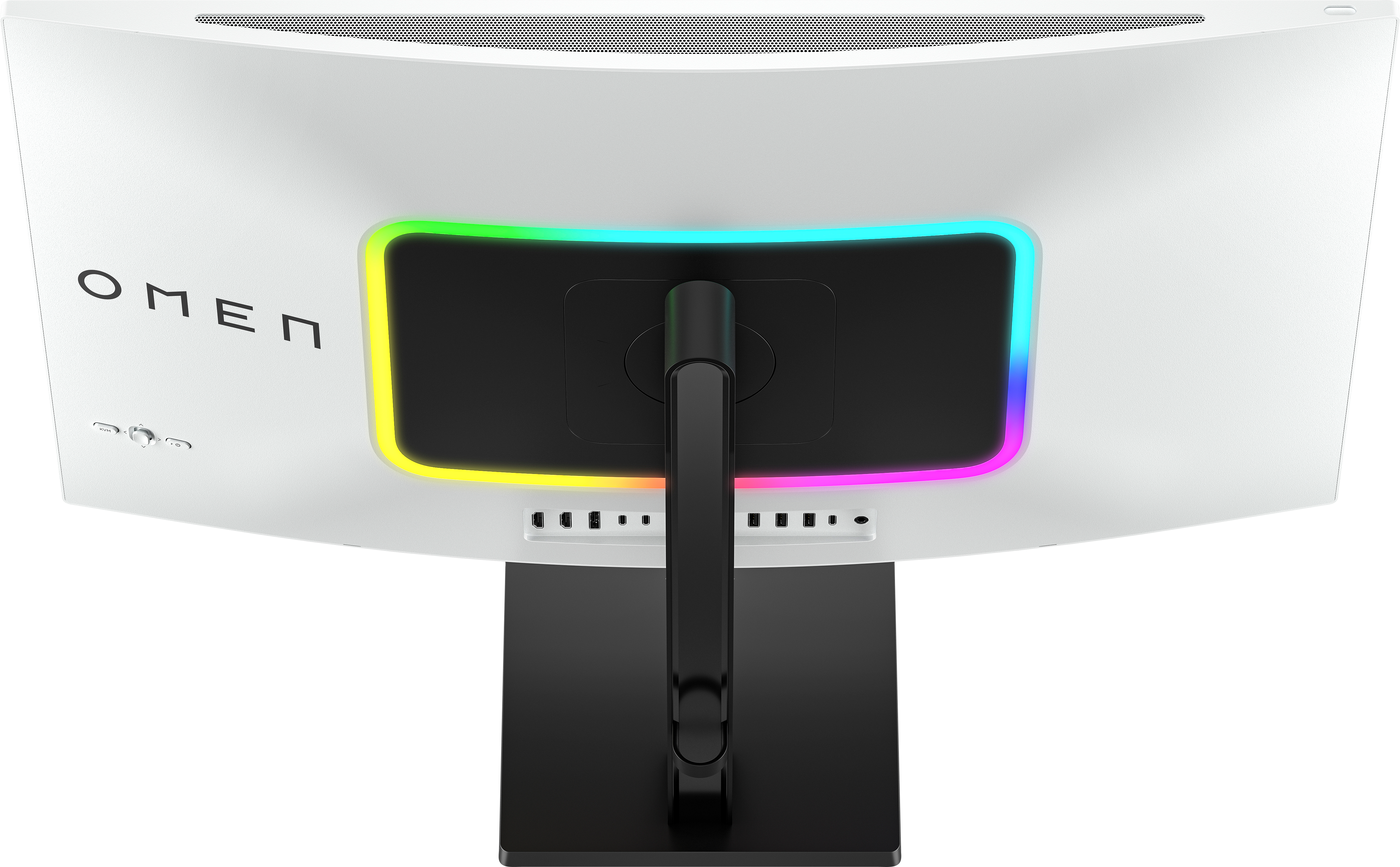 Arrière d'un moniteur de jeu OMEN blanc. Support et cadre noirs. Lumière RVB autour de la section carrée noire.