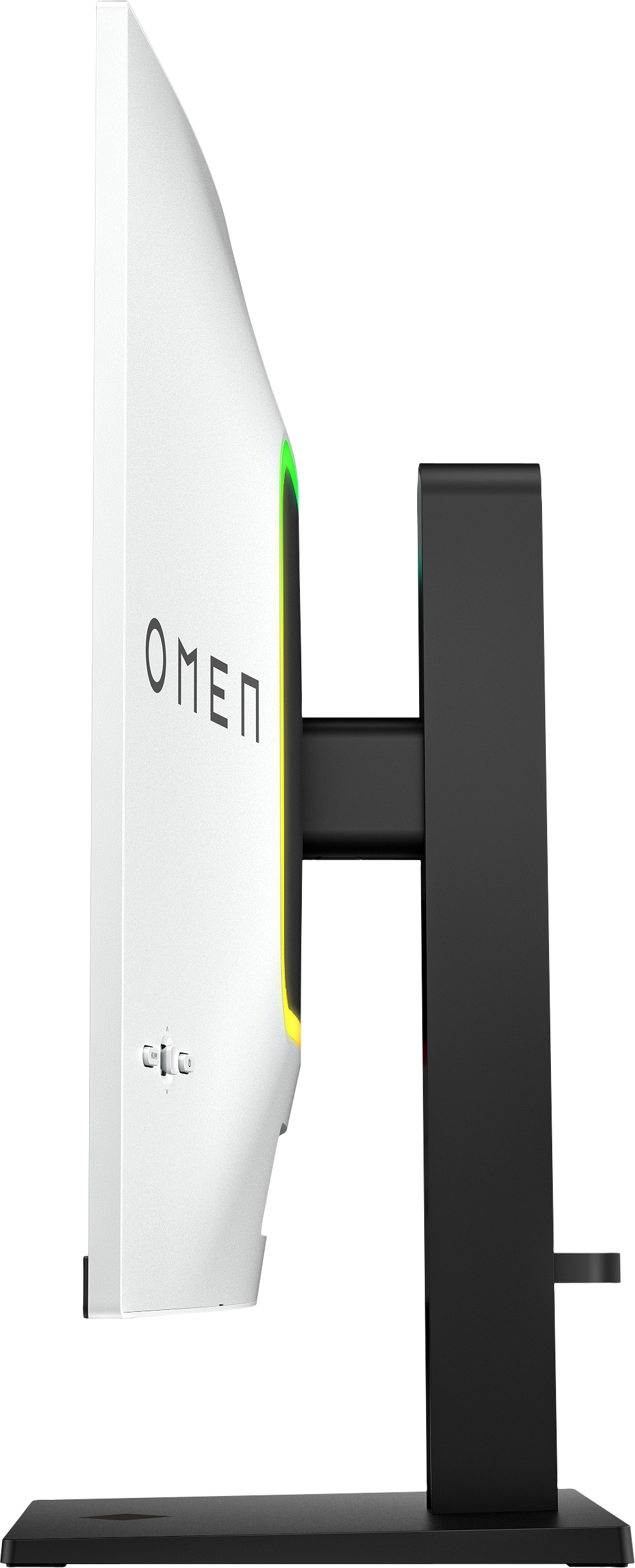 Vue latérale d'un moniteur OMEN blanc. Le moniteur a un design incurvé et un support noir. Des accents verts et jaunes sont visibles.