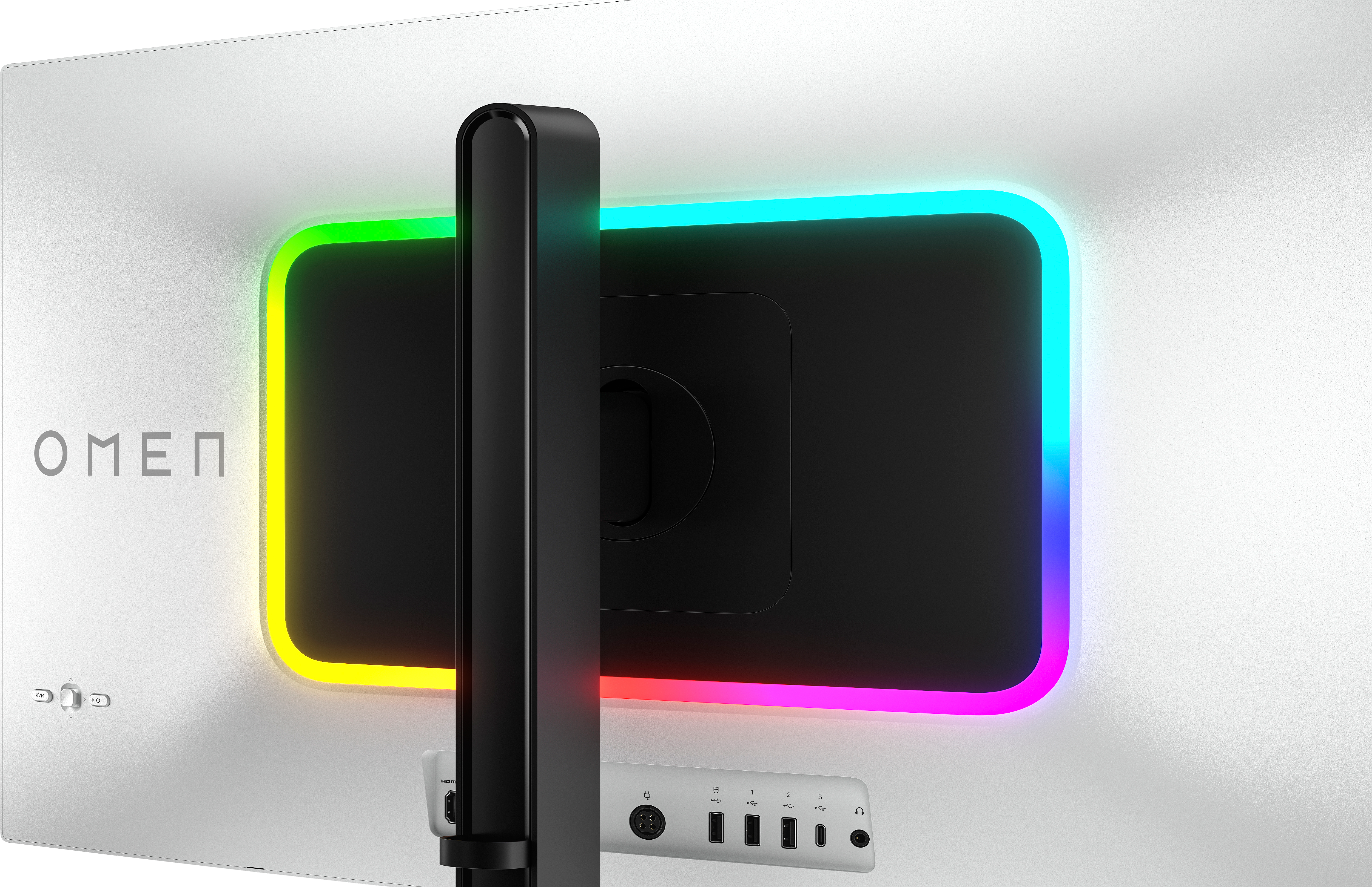 Vue arrière d'un moniteur OMEN. Il possède un support noir et un écran avec un bord coloré et éclairé. Le logo OMEN est visible.
