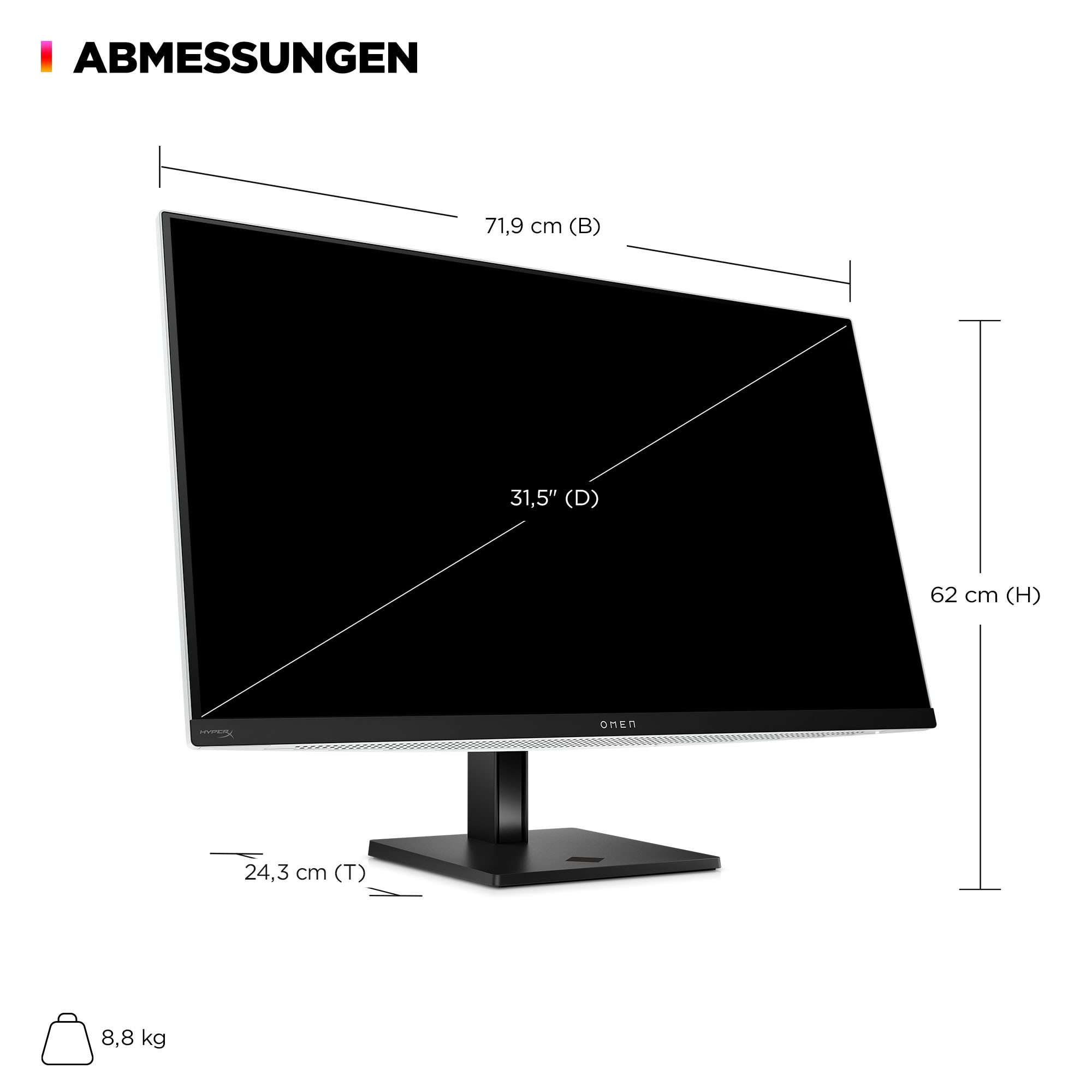 Un moniteur noir avec des dimensions étiquetées. Il a un pied noir et le texte 'OMEN' en bas.