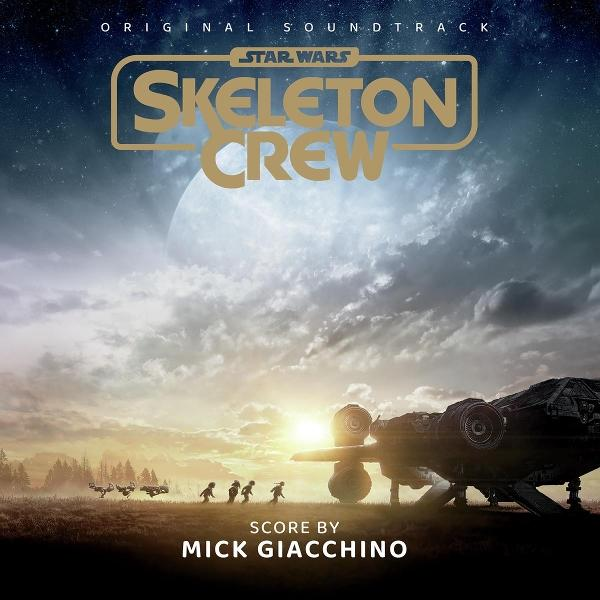 Star Wars Skeleton Crew Soundtrack-Cover. Silhouette eines Schiffs und Figuren auf einer Planetenoberfläche, mit Mond und wolkigem Himmel im Hintergrund.