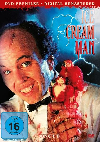 Ein Mann hält einen blutigen Eisbecher. Der Titel 'Ice Cream Man' steht über ihm. Das Bild hat ein Horrormotiv.