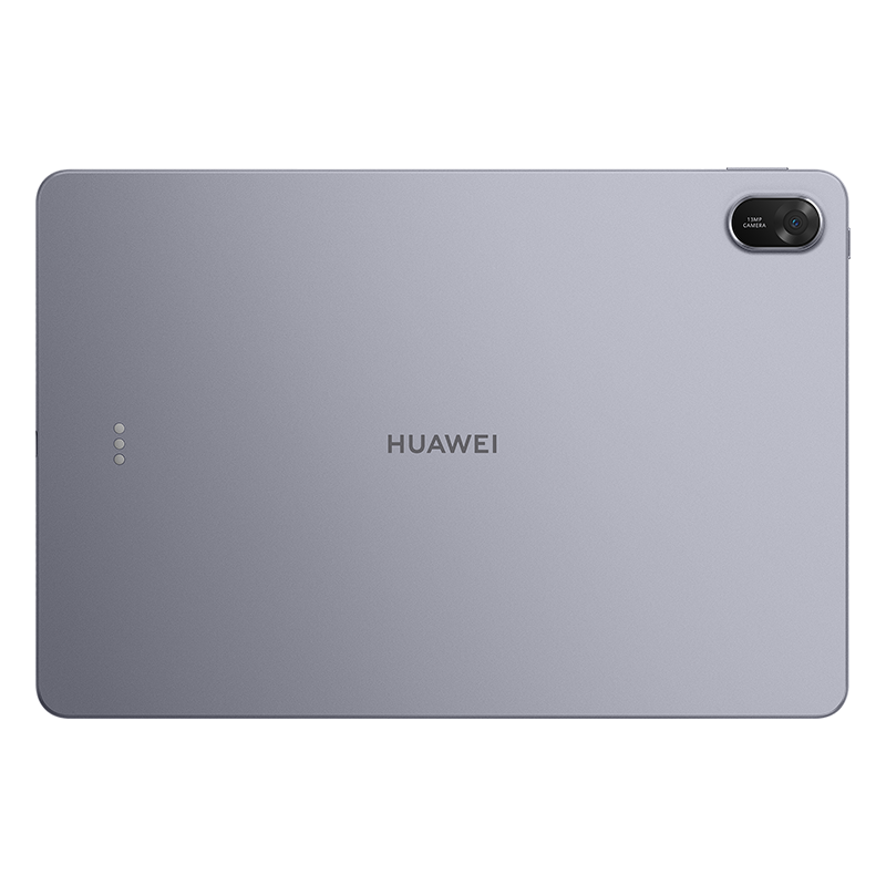 Gümüş renkli bir Huawei tabletin arkası. Kamera, Huawei logosu ve sol tarafta üç küçük nokta bulunuyor.