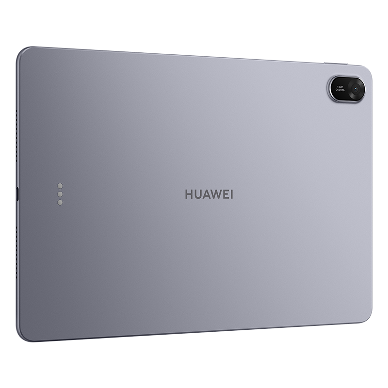 Gri Huawei tabletin arkası. Bir kamera, markanın logosu ve birkaç küçük delik bulunuyor.