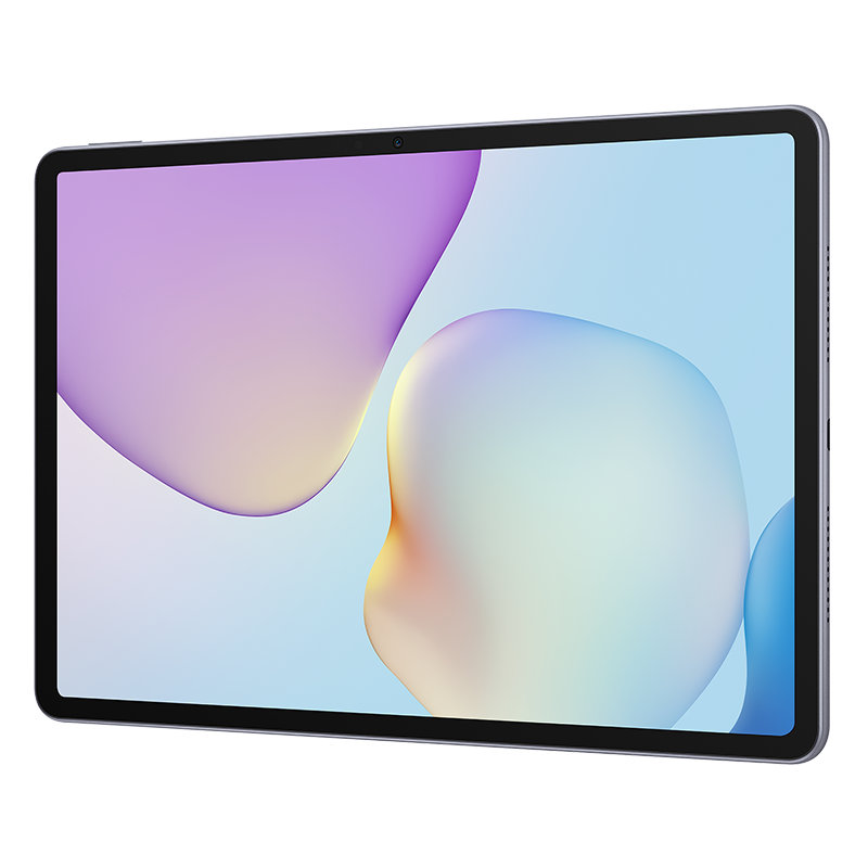Siyah çerçeveli ve beyaz zemin üzerinde mor, mavi ve sarı soyut şekiller gösteren bir ekranı olan tablet.