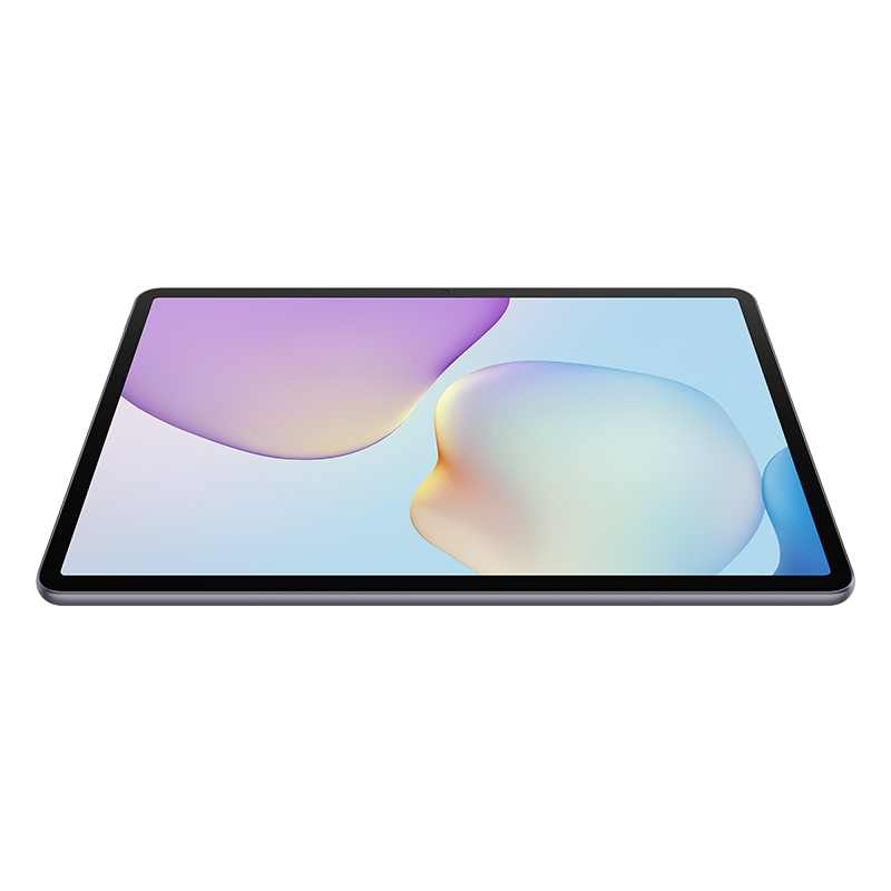 Soyut şekiller gösteren renkli bir ekrana sahip bir tablet. Hafifçe açılı, ekranı ve koyu çerçeveyi gösteriyor.