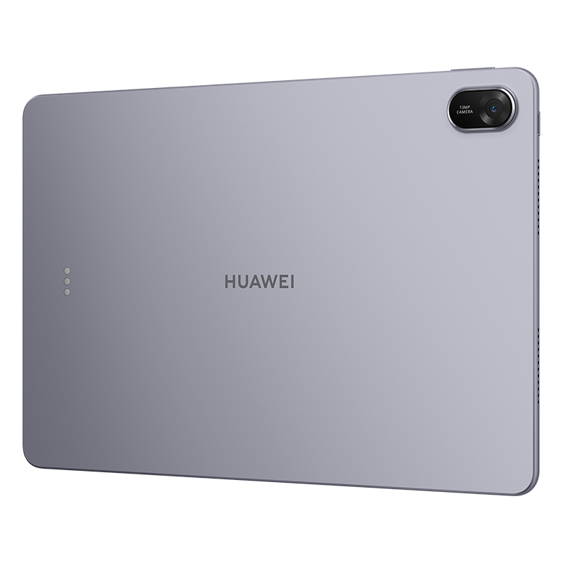 Gri bir Huawei tabletin arkası. Bir kamerası, Huawei logosu ve üç küçük daire var. Tablet beyaz bir arka plan üzerinde duruyor.