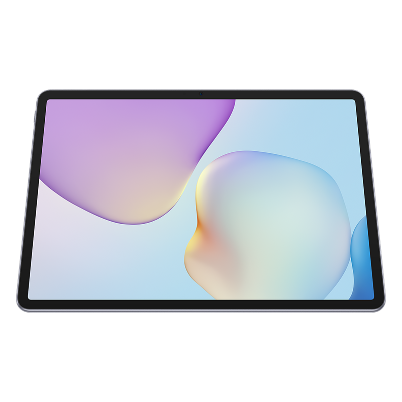 Mor, mavi ve sarı renklerde soyut şekiller gösteren bir ekranı olan bir tablet. Tabletin siyah bir çerçevesi var.
