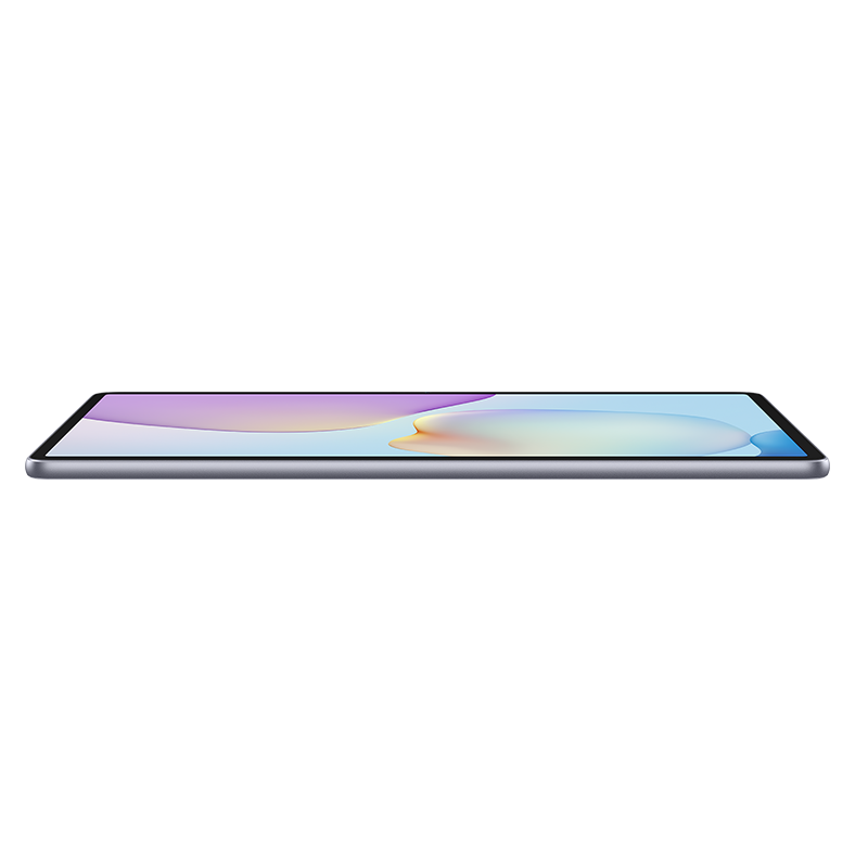 Yandan görünen bir tablet cihazı. Ekran, renkli bir soyut desen görüntüler. Tablet, siyah çerçeveli gri renktedir.