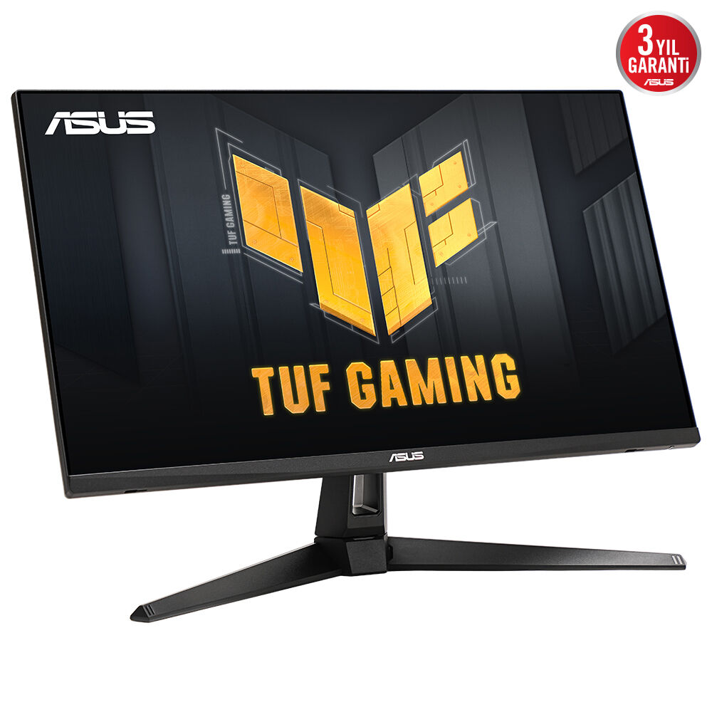 ASUS TUF Gaming monitör. Siyah çerçeve, siyah stand. Ekran, siyah arka planda sarı logo ve 'TUF GAMING' yazısını gösterir. Garanti logosu.