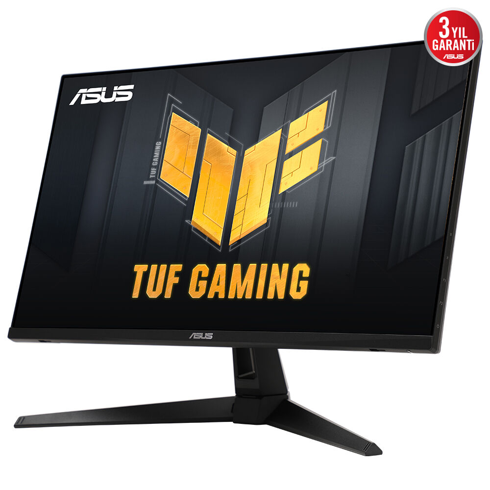 ASUS TUF Gaming monitör. Siyah çerçeve, stand. Ekran altın renkli TUF logosunu gösteriyor. 3 yıl garanti etiketi.