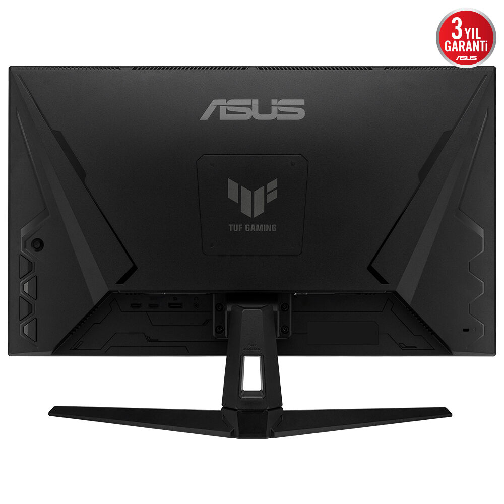 Siyah ASUS TUF Gaming monitör. Arkada ASUS logosu, TUF Gaming logosu ve stand bulunmaktadır. Garanti rozeti dahildir.