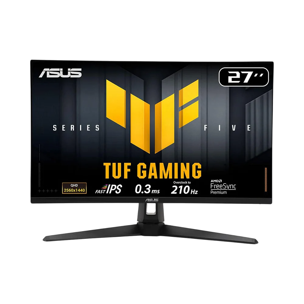 ASUS TUF Gaming monitör. Siyah çerçeve, sarı logo, 27 inç. Özellikler: QHD, IPS, 0,3ms, 210Hz, FreeSync.