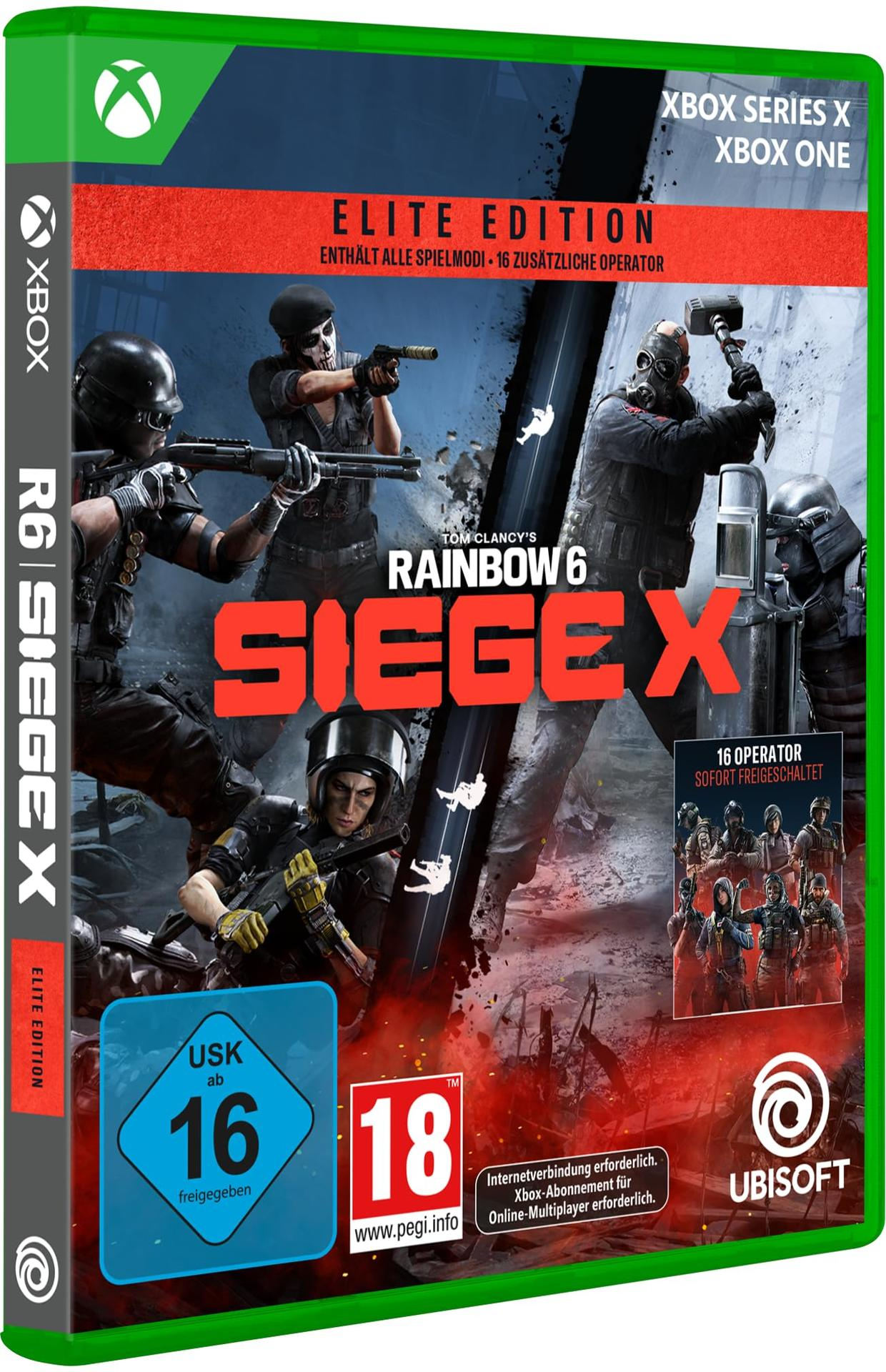Rainbow Six Siege X-Spielcover. Soldaten mit Waffen in einer Kampfszene. Text enthält Spieletitel, Xbox und Altersfreigabe.
