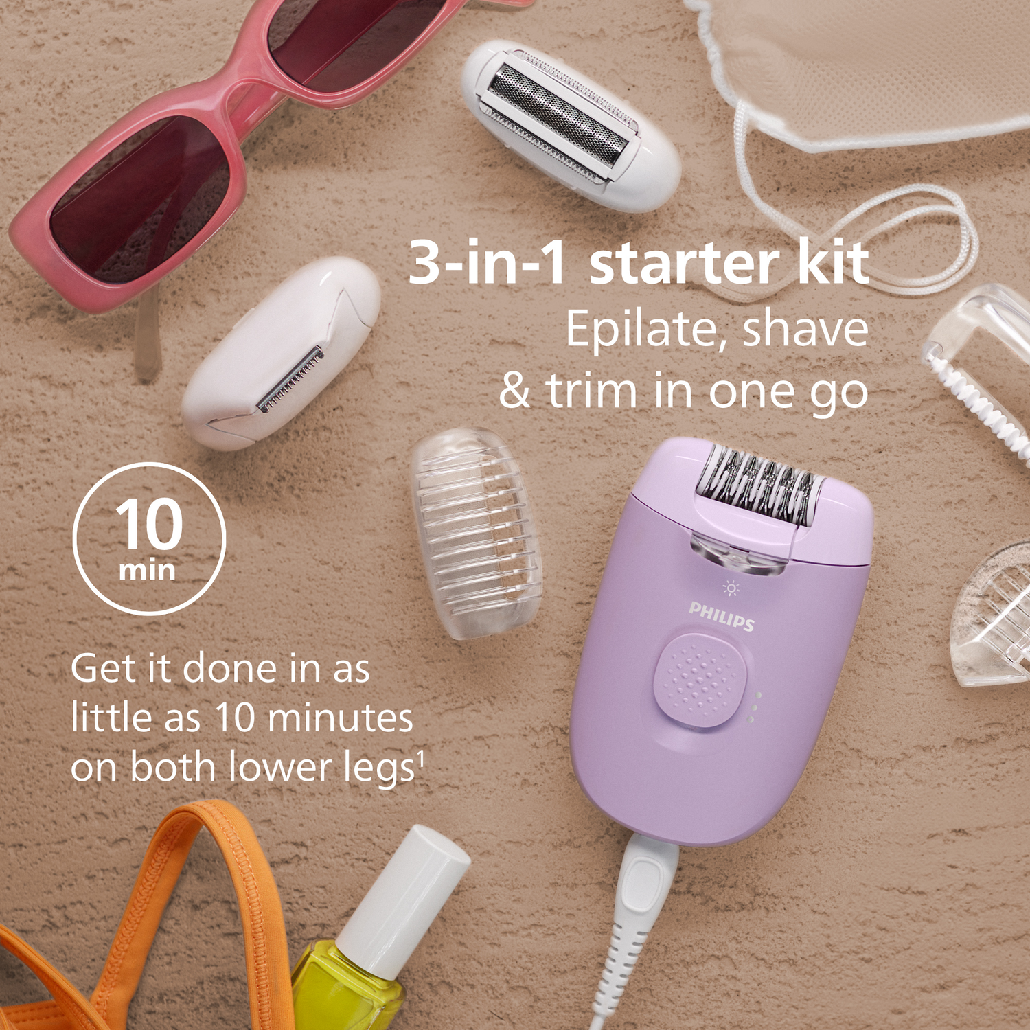Een lila epilator, accessoires, zonnebril en nagellak liggen op een beige ondergrond. Tekst benadrukt de kenmerken van de kit.