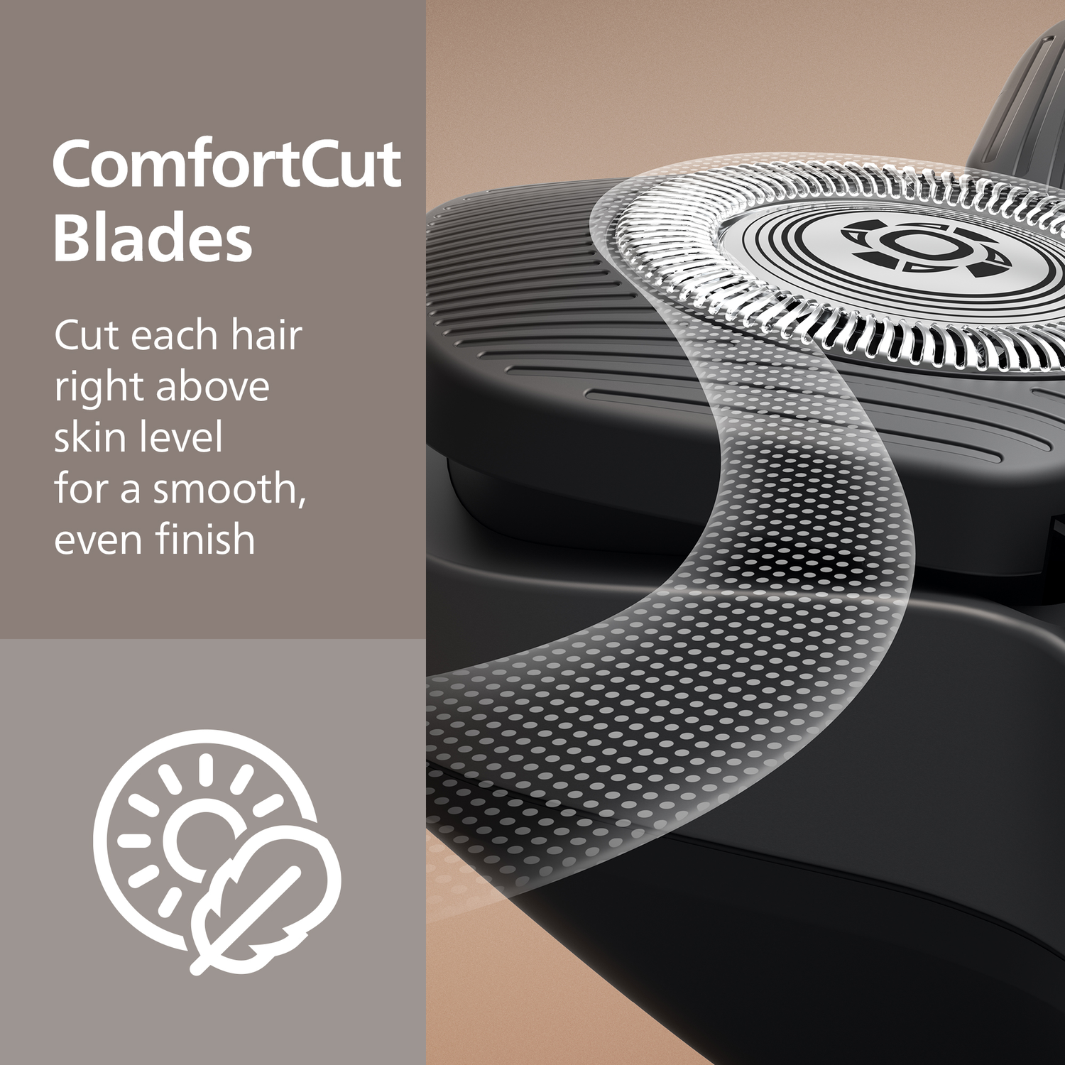 Close-up of a black electric shaver, with a transparent layer highlighting the ComfortCut Blades. Text: 'Cut each hair right above skin level'.