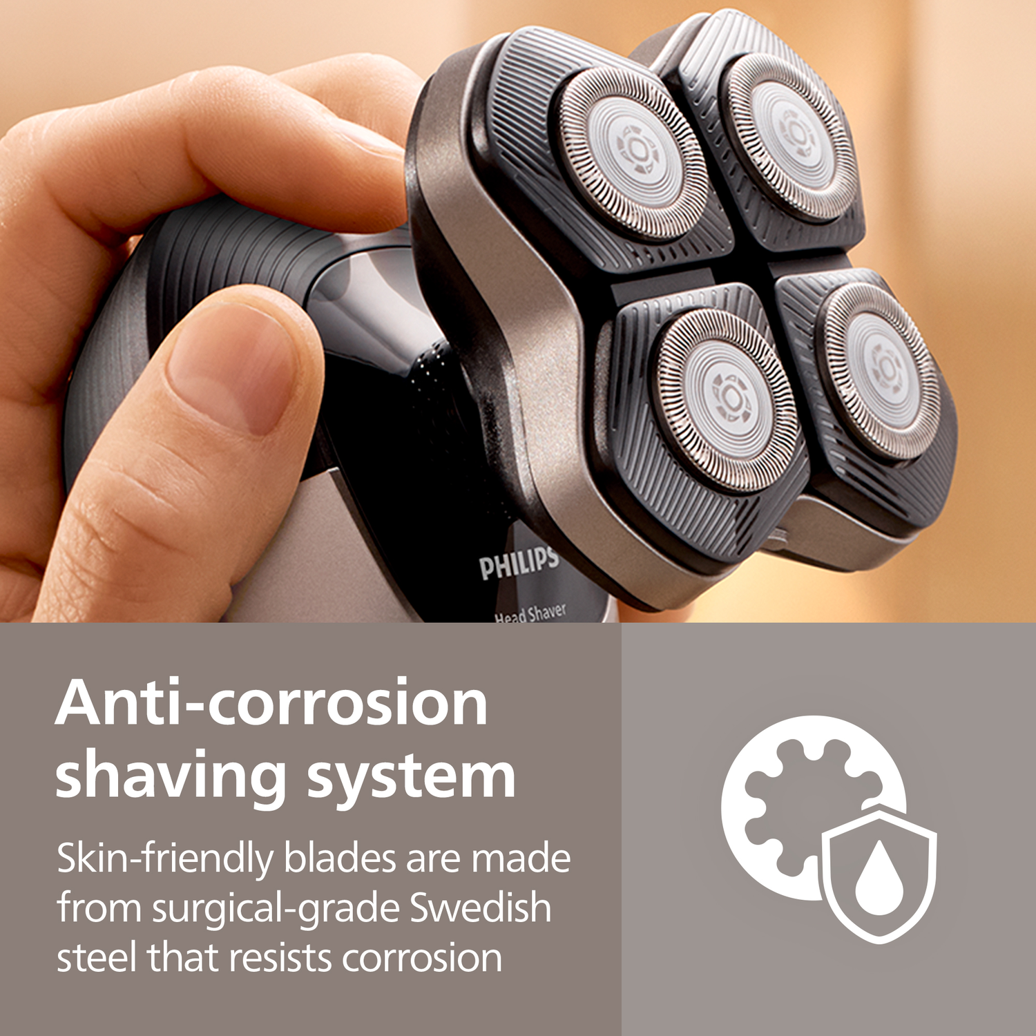 A hand holds a Philips electric shaver, showing the shaving heads. Text highlights anti-corrosion and skin-friendly blades made of Swedish steel.