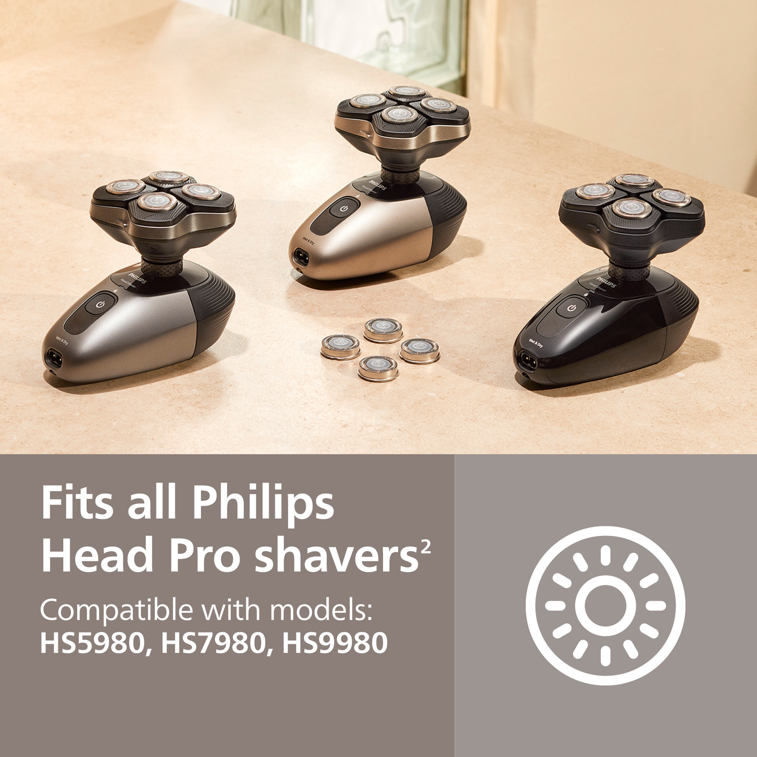 Three Philips Head Pro shavers are displayed, with spare heads in between. Text states 'Fits all Philips Head Pro shavers'.
