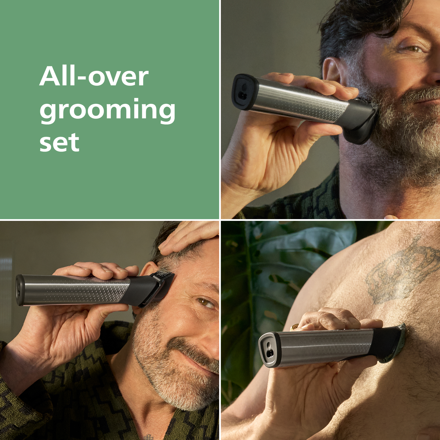 A man shaves his beard with a grooming set. Other images show him trimming hair and chest. Text reads 'All-over grooming set'.