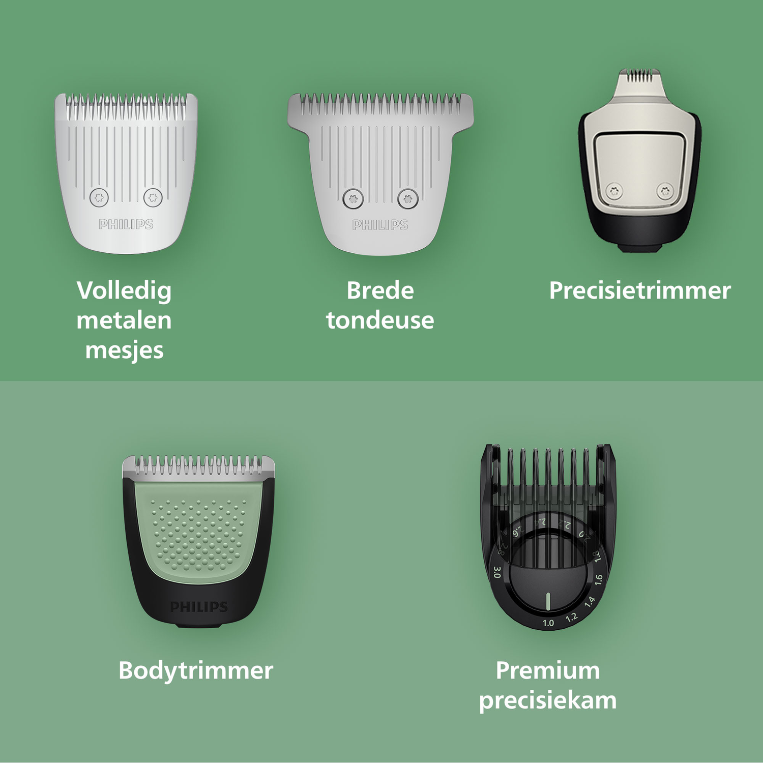 Five Philips trimmer attachments in various sizes and designs on a green background.