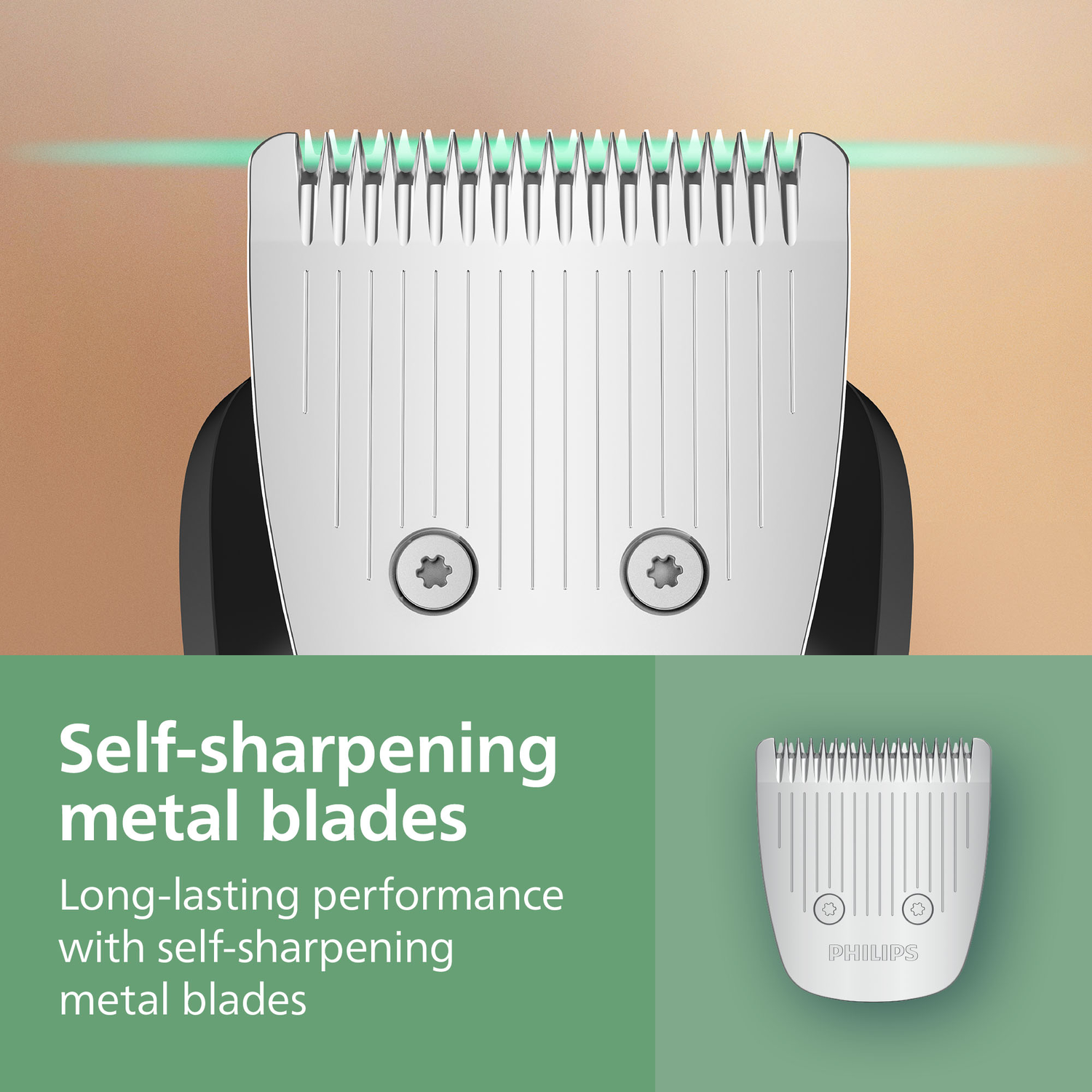 Close-up of a Philips shaver head with self-sharpening metal blades, highlighting the blades with a green light effect.