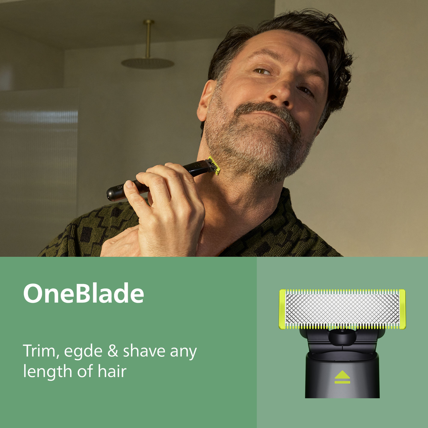 A man shaves his neck with a black and yellow trimmer. The OneBlade product is advertised, with text: Trim, edge & shave any length of hair.