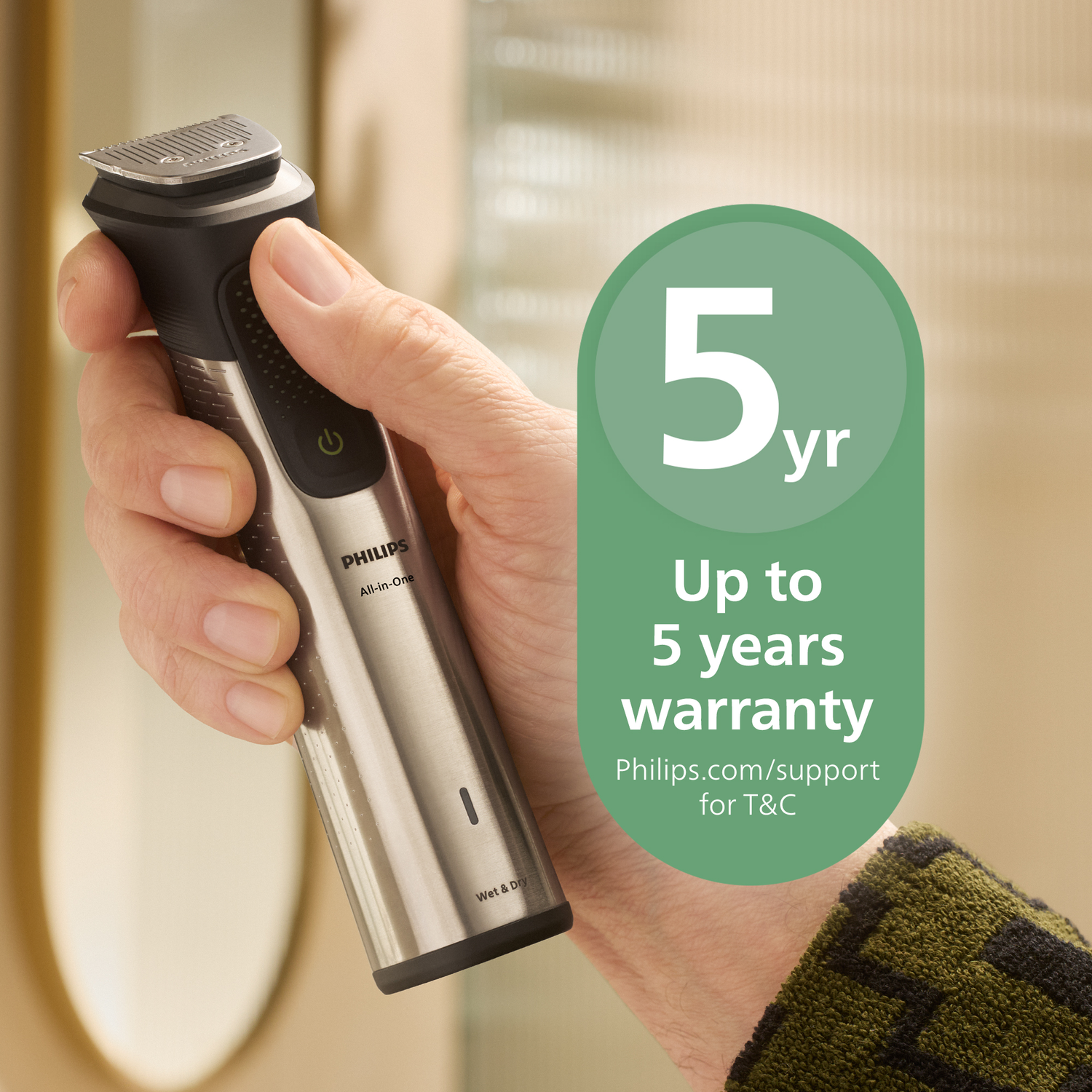 A hand holds a Philips All-in-One shaver. A green oval says '5 yr' and 'Up to 5 years warranty'.