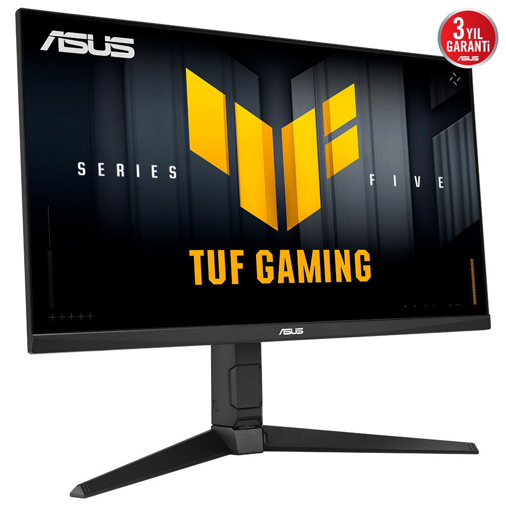 Bir ASUS TUF Gaming monitör. Siyah çerçeve ve standa sahip, ekranda sarı renkli TUF Gaming logosunu görüntülüyor.