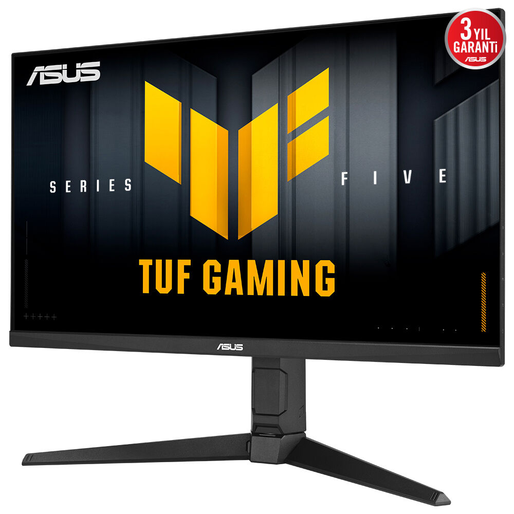 ASUS TUF Gaming monitör. Siyah çerçeve, sarı logo. Ekranda logo ve "TUF GAMING" yazısı var. 3 yıl garanti rozeti.