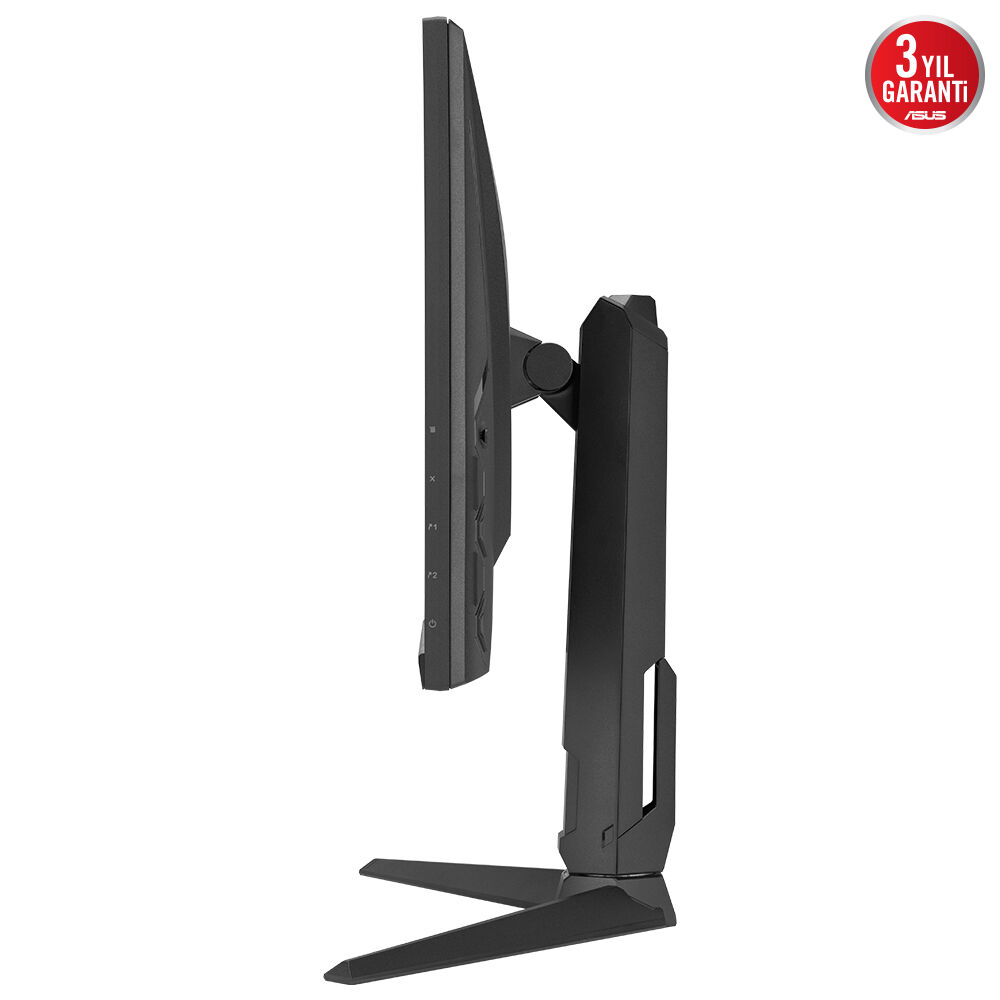 Siyah bir ASUS monitörünün yan görünümü. Bir standı var ve beyaz bir arka plana karşı. Sağ üst köşede bir garanti rozeti var.