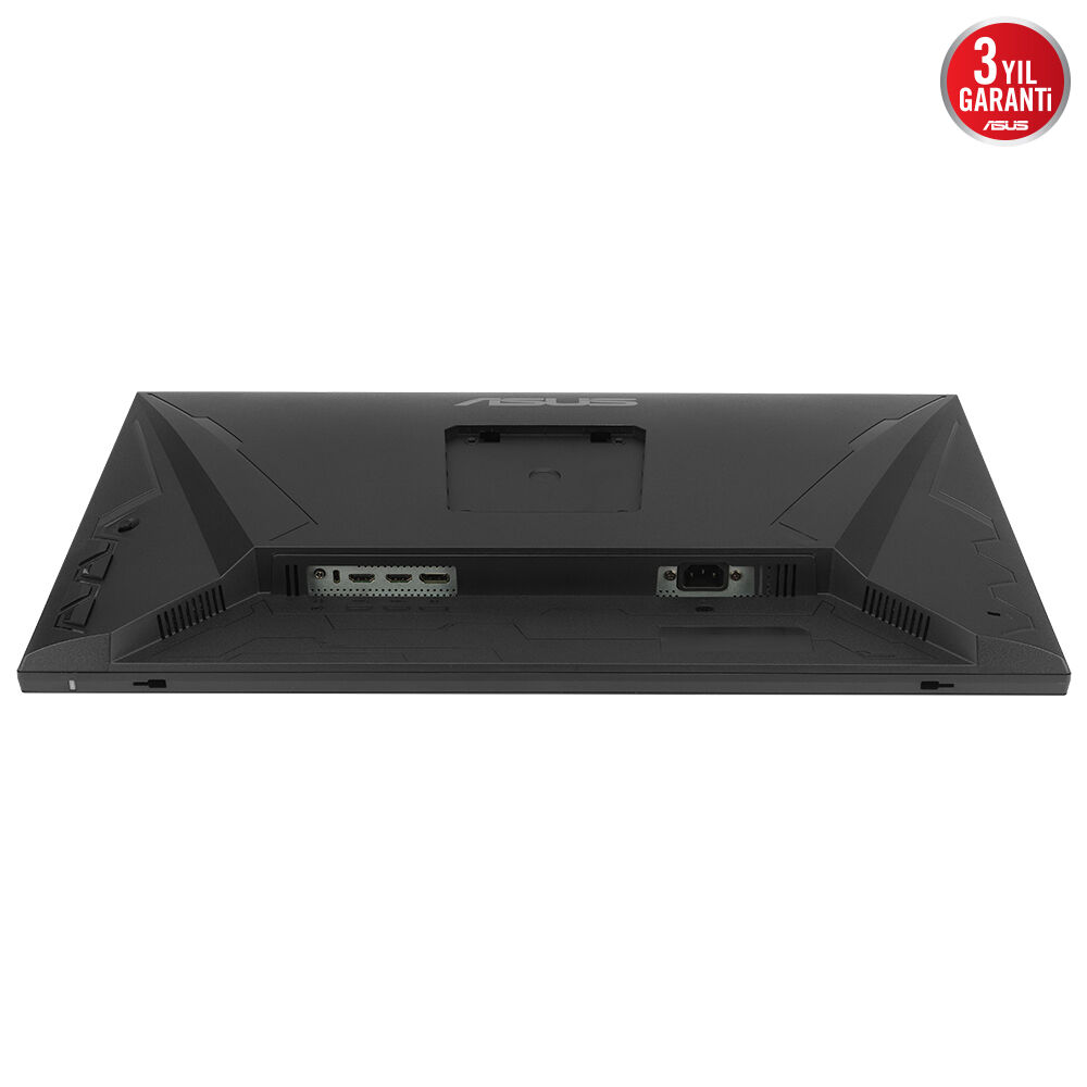 Siyah bilgisayar monitörünün arkası, bağlantı noktaları, havalandırma delikleri ve 3 yıl garantili ASUS etiketi.