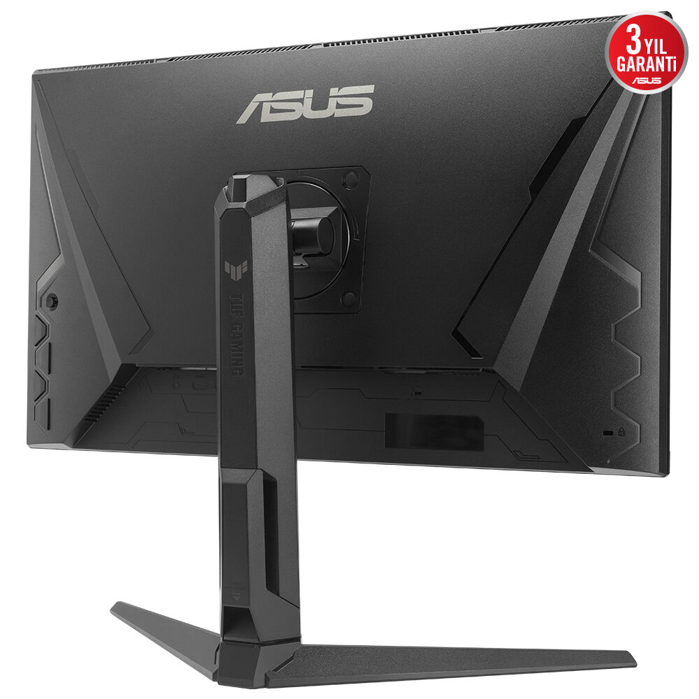 Siyah ASUS oyun monitörü. Arkası ASUS logosu ve 3 yıl garanti etiketiyle görünür durumda. Standı altta.