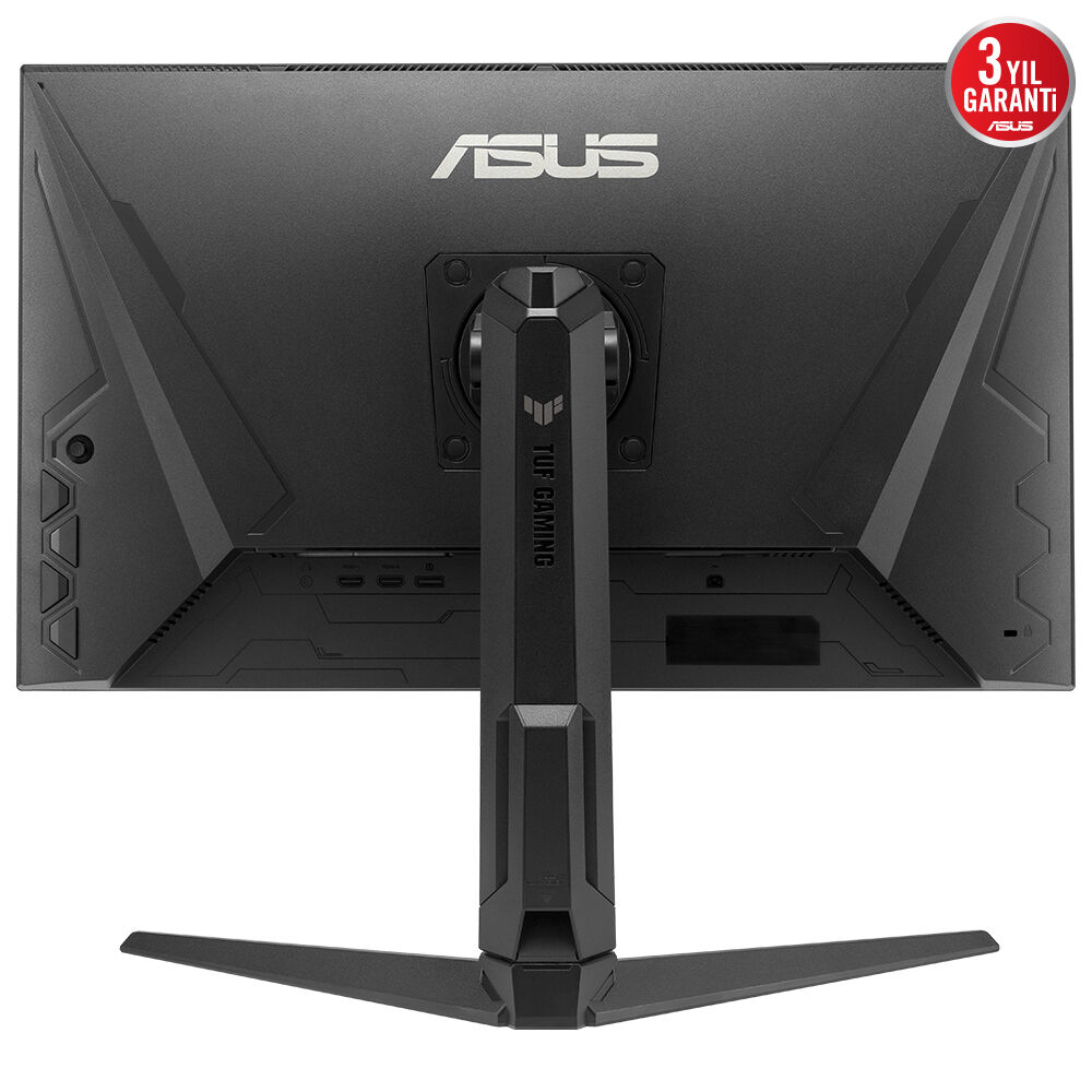 ASUS TUF Gaming monitörünün arka görünümü. ASUS logosu, stand ve 3 yıllık garanti etiketi bulunur.
