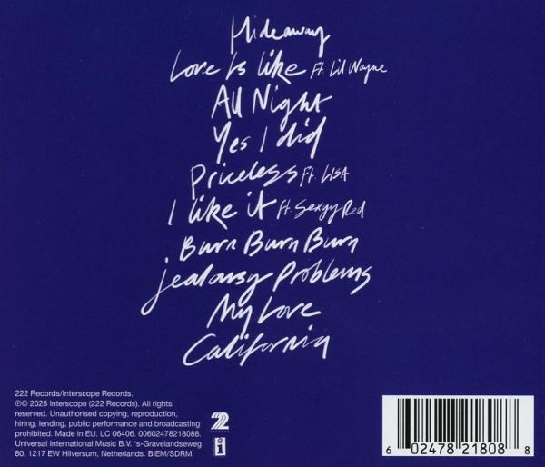Dos de CD bleu foncé avec titres de chansons manuscrits en blanc. Le texte comprend des informations sur le label et un code-barres.