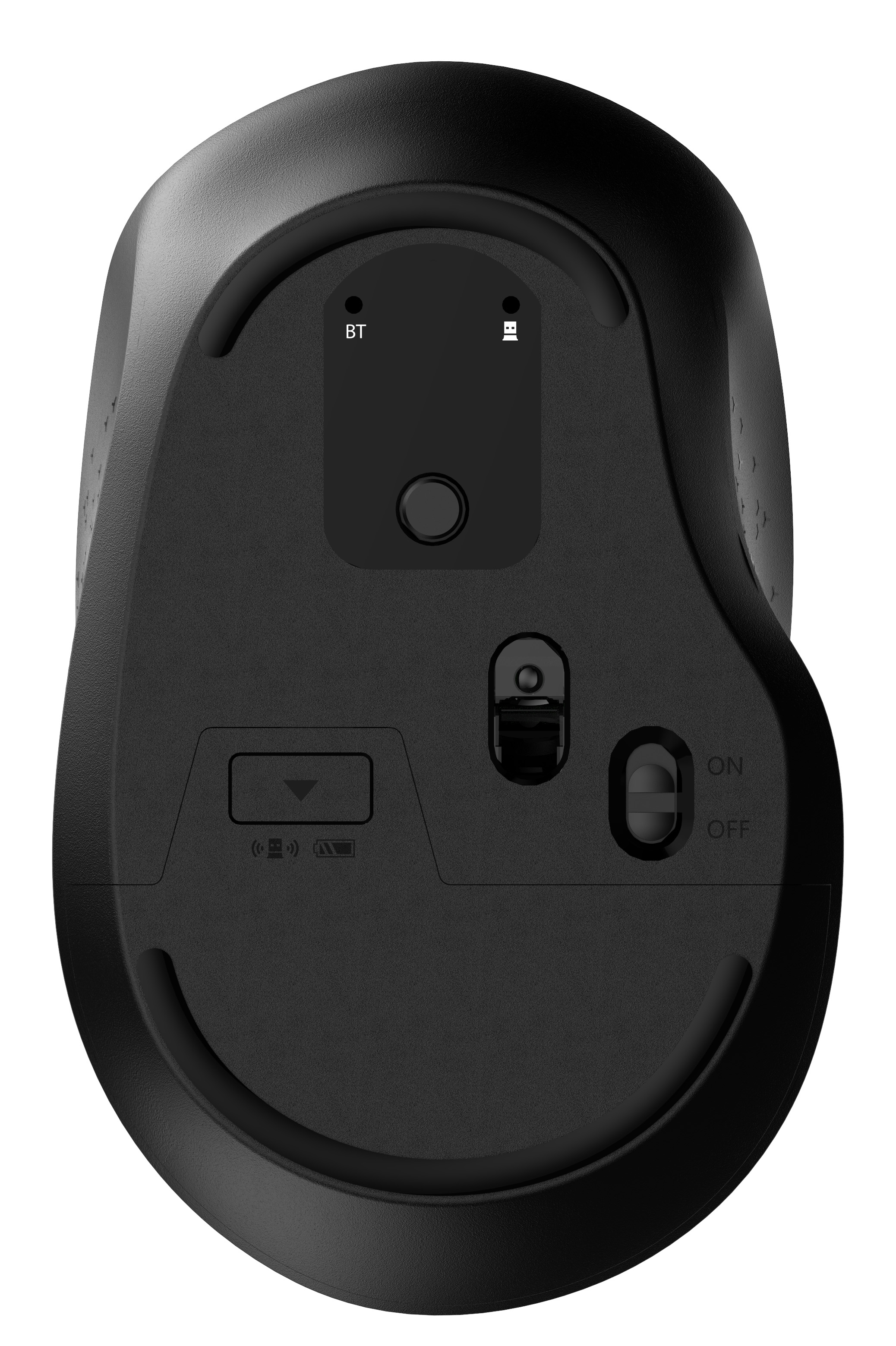 Siyah bilgisayar faresinin alt tarafı, düğmeler ve anahtarlarla. Bluetooth ve güç göstergeleri içerir.