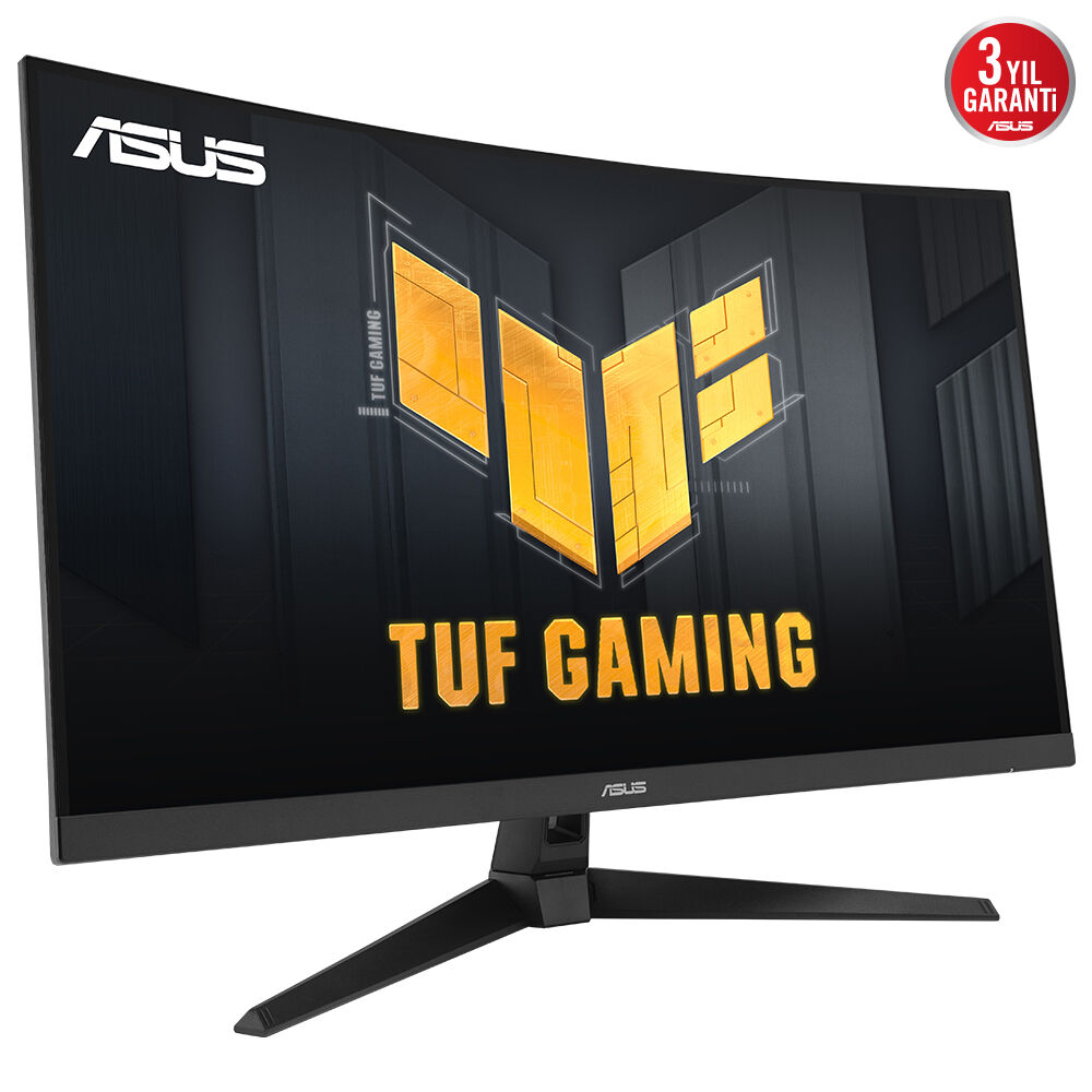 ASUS TUF Gaming kavisli monitör. Siyah çerçeve, siyah stand. Ekranda logo ve TUF GAMING metni. Altın ve siyah tasarım.