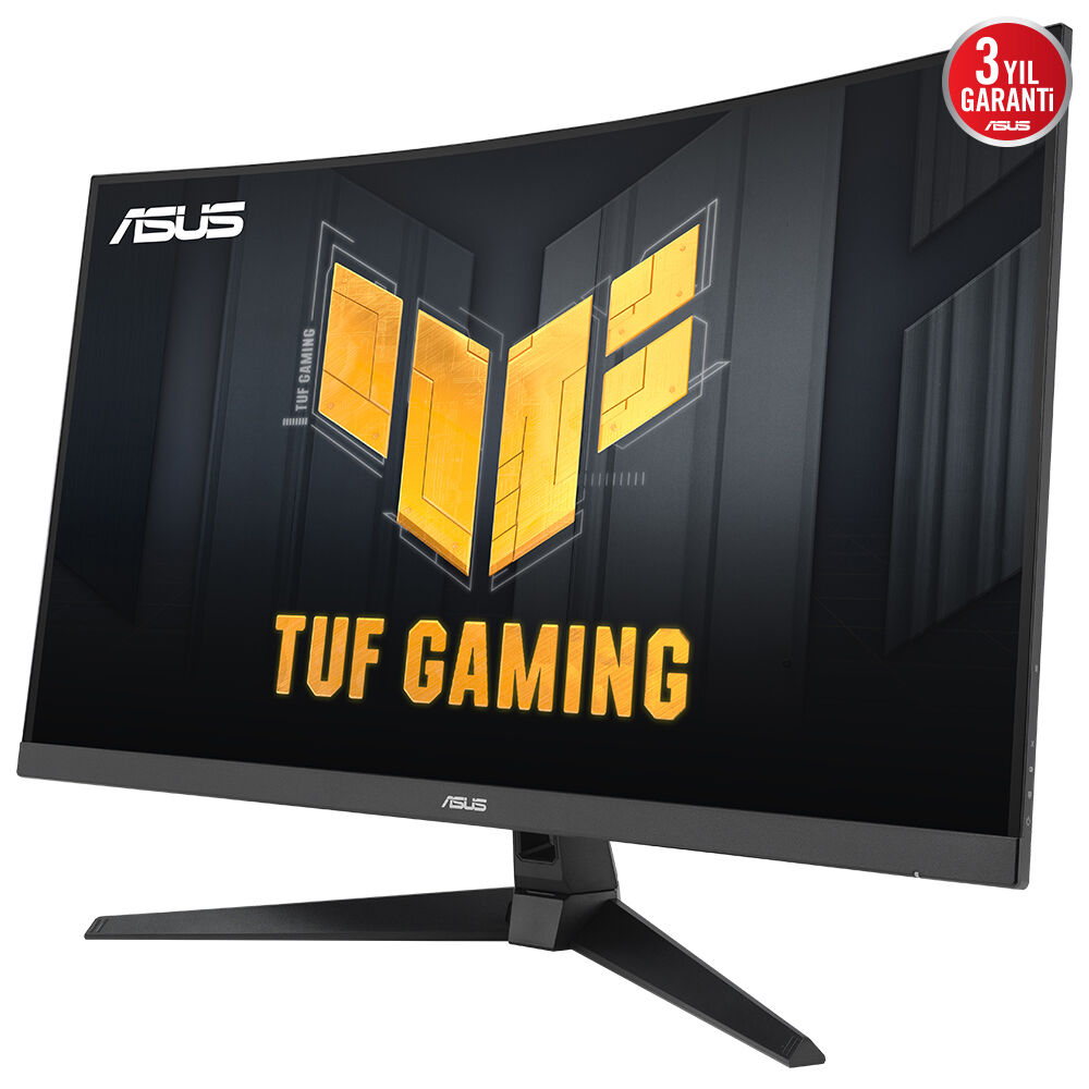 Siyah kavisli ASUS TUF Gaming monitör. Ekran, altın rengi bir logo ve "TUF GAMING" yazısını gösteriyor.
