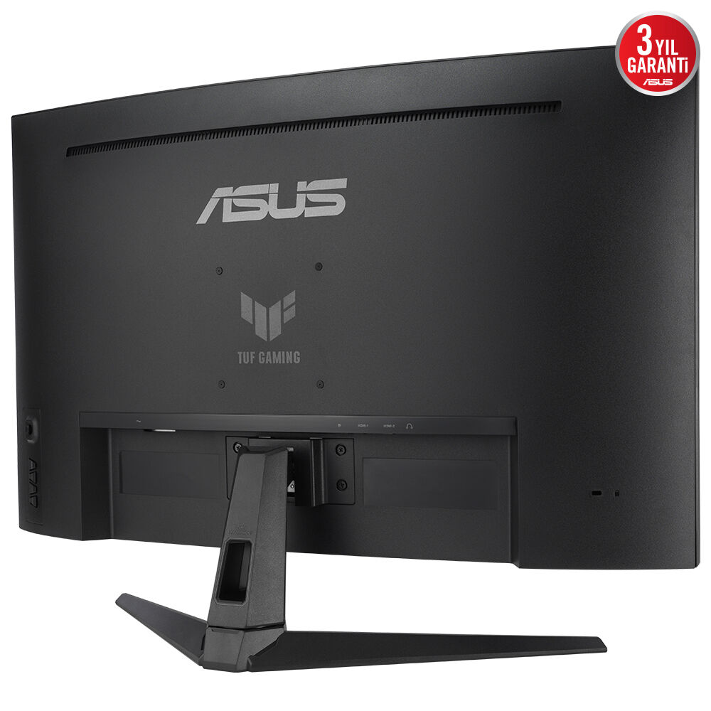 Siyah bir ASUS monitörünün arka görünümü. ASUS logosu ve TUF Gaming logosu görünür. Bir garanti etiketi köşede.