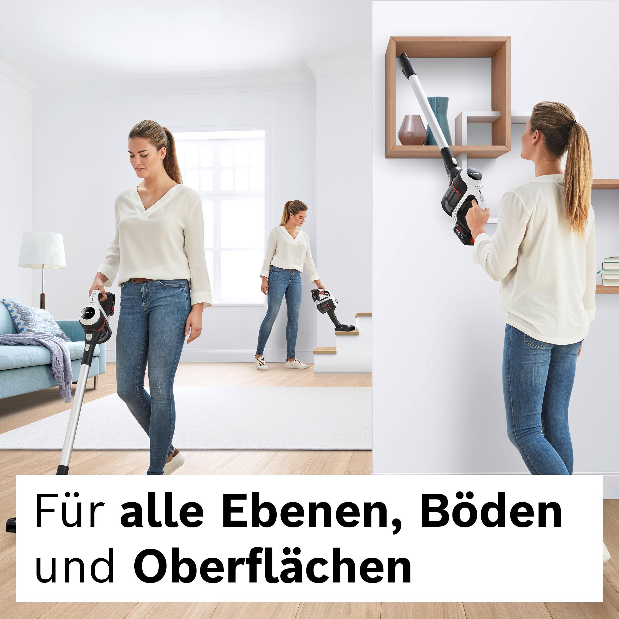 Drei Frauen benutzen einen Staubsauger auf verschiedenen Oberflächen. Der Text lautet: Für alle Ebenen, Böden und Oberflächen.