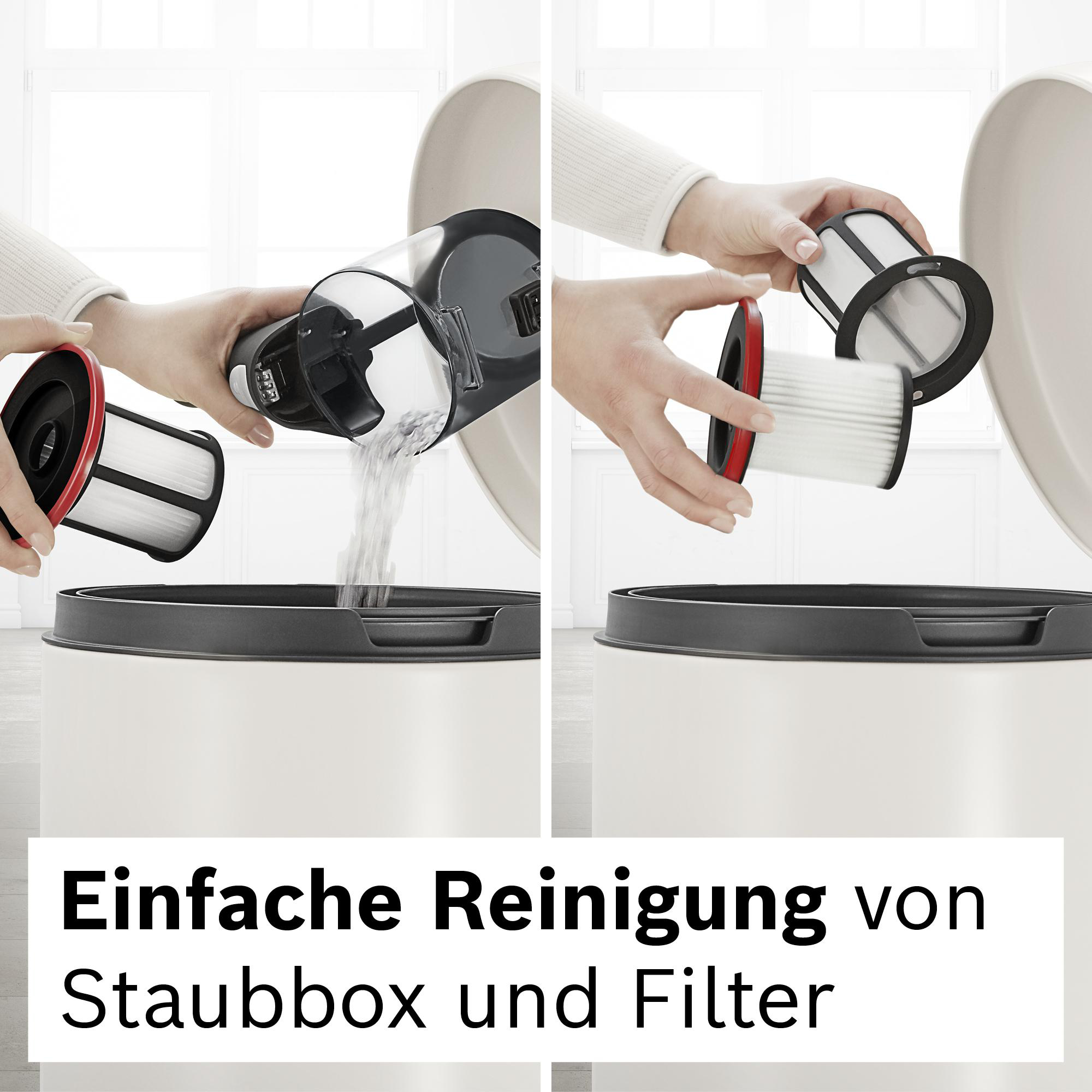 Hände reinigen Filter und Staubbehälter eines Staubsaugers. Der Filter ist weiß und schwarz mit rotem Rand.