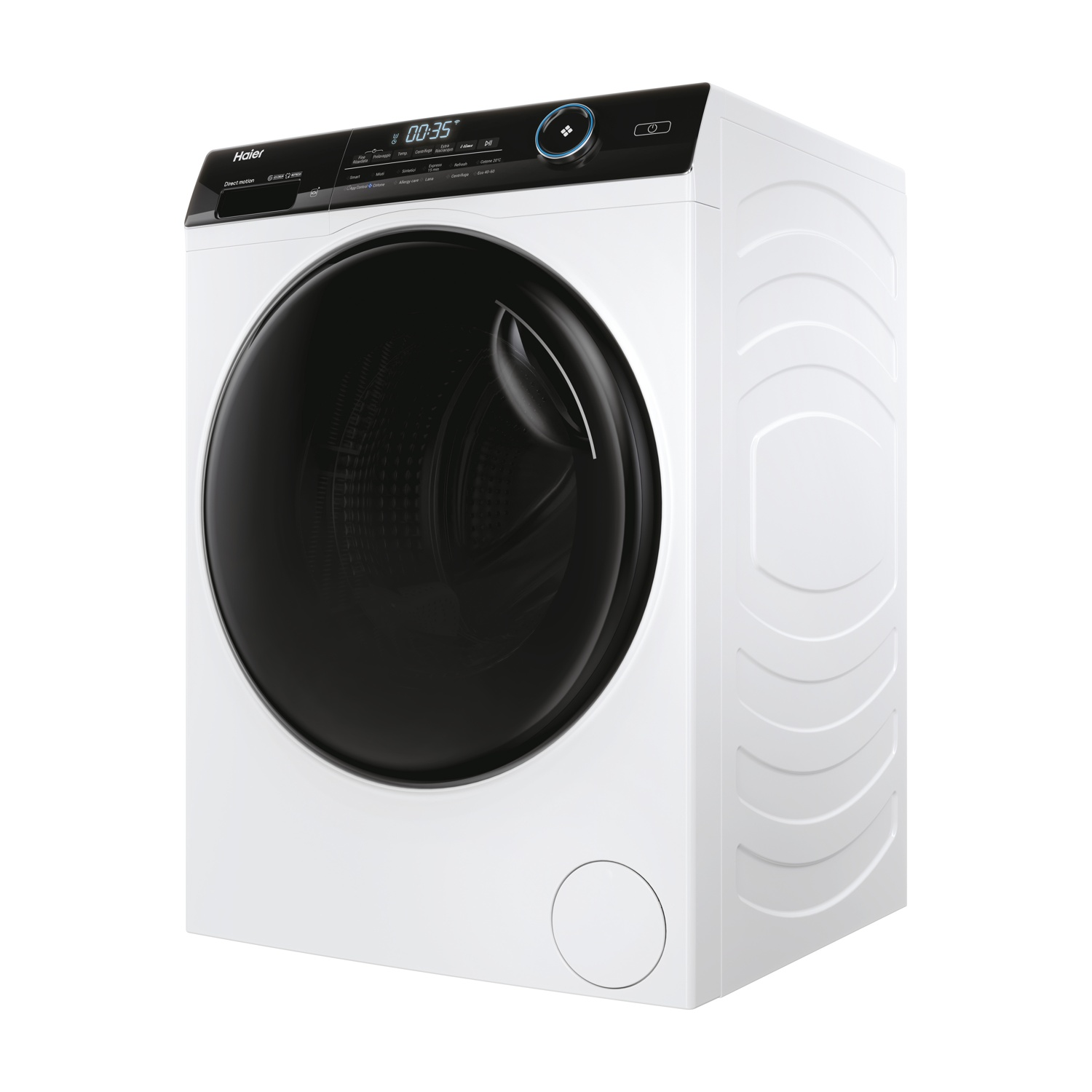 Una lavatrice Haier bianca con porta nera. La parte superiore ha un display digitale e pulsanti di controllo. La porta è rotonda.