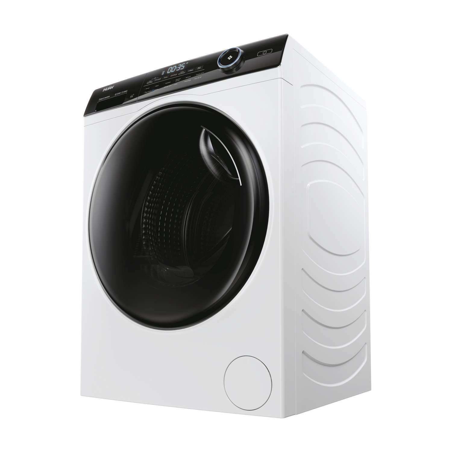 Una lavatrice Haier bianca con porta nera. Ha un display digitale e un pannello di controllo. Lo sfondo è bianco.